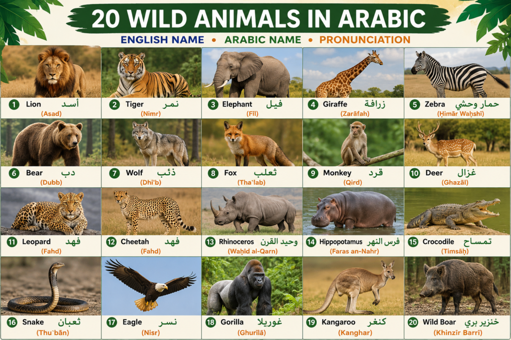 20 wild animals in arabic