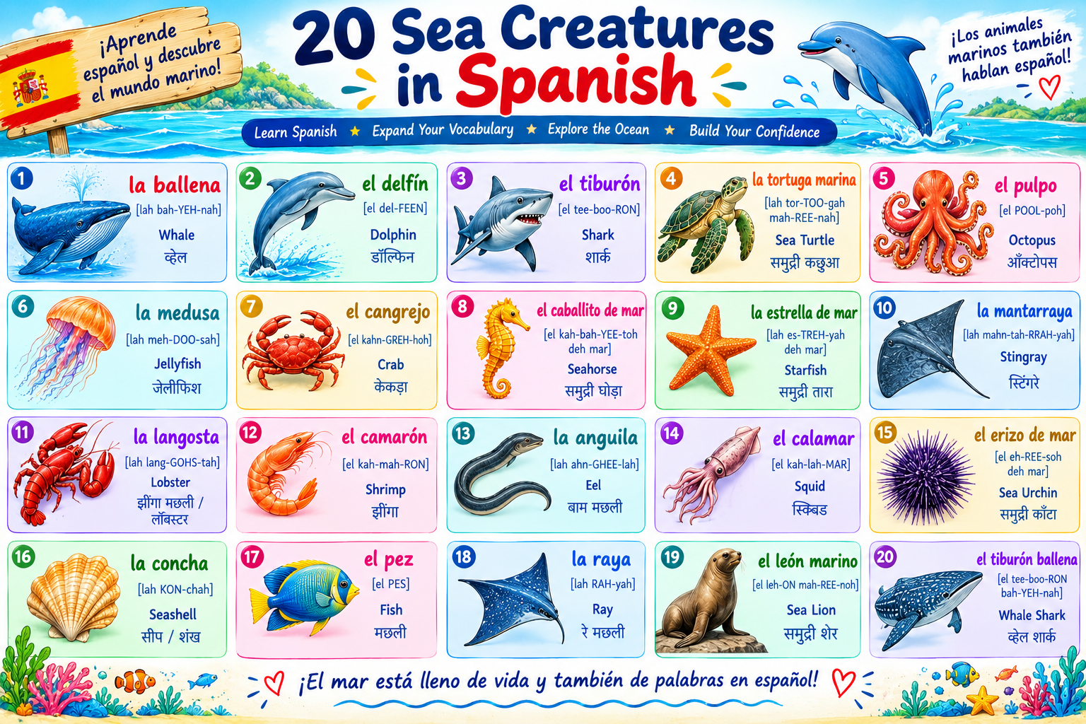 20 sea creatures in spanish